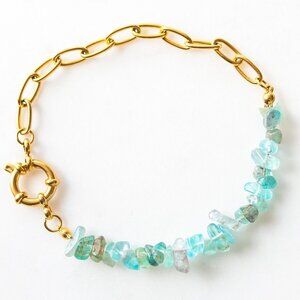 WATERPROOF Gold Bracelet Gemstone Ocean Blue Apatite Chips Chunky Gold Chain